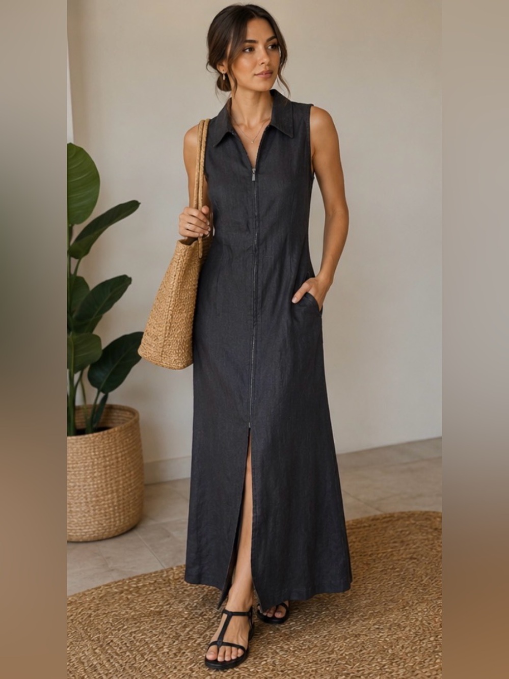 ▪️Casual Corner Linen Maxi Dress Black Size 12